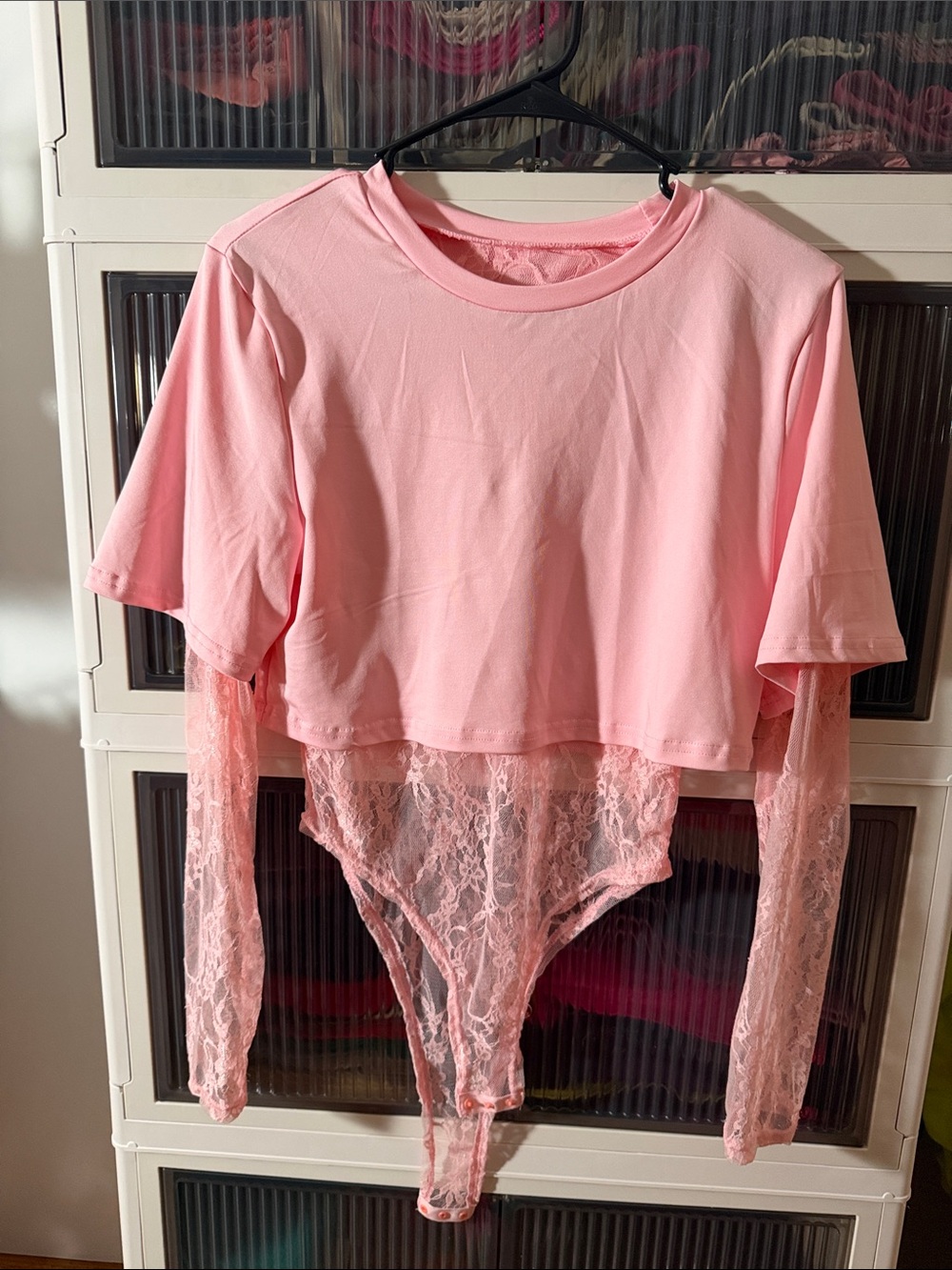 Pink Lace Long-Sleeve Bodysuit Crop Top